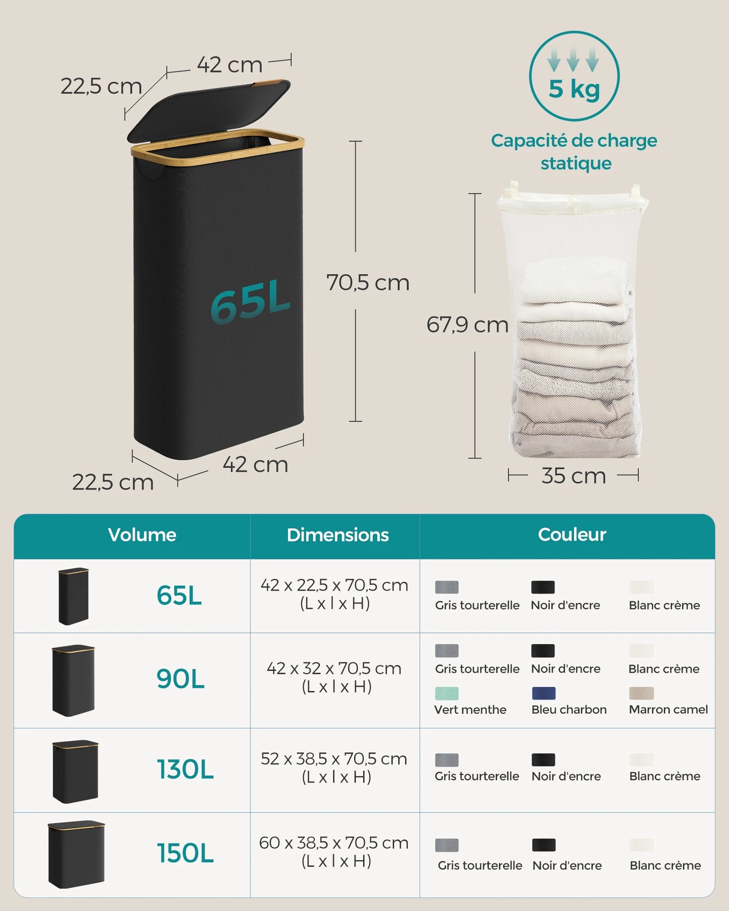 Panier à linge fin 65L avec couvercle – Gain de place, doublure amovible en maille, tissu Oxford et poignées en bambou