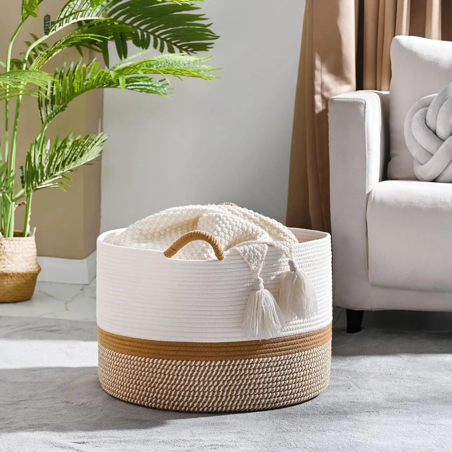 Grand panier à couverture en corde de coton tissée – 40L