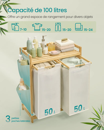 Panier à linge 2 compartiments 100L avec étagère