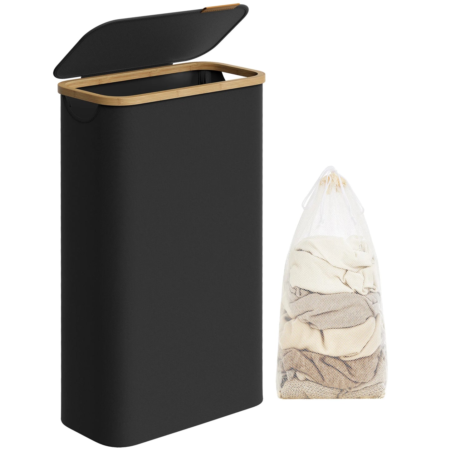 Panier à linge fin 65L avec couvercle – Gain de place, doublure amovible en maille, tissu Oxford et poignées en bambou