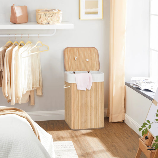 Panier à linge en bambou 72 L avec couvercle – pliable, sac amovible lavable, poignées