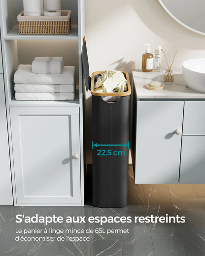 Panier à linge fin 65L avec couvercle – Gain de place, doublure amovible en maille, tissu Oxford et poignées en bambou