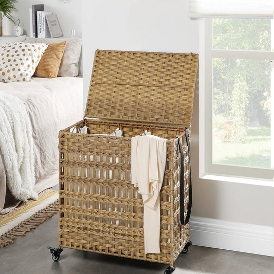 Panier à linge rotin tressé 3 compartiments à roulette