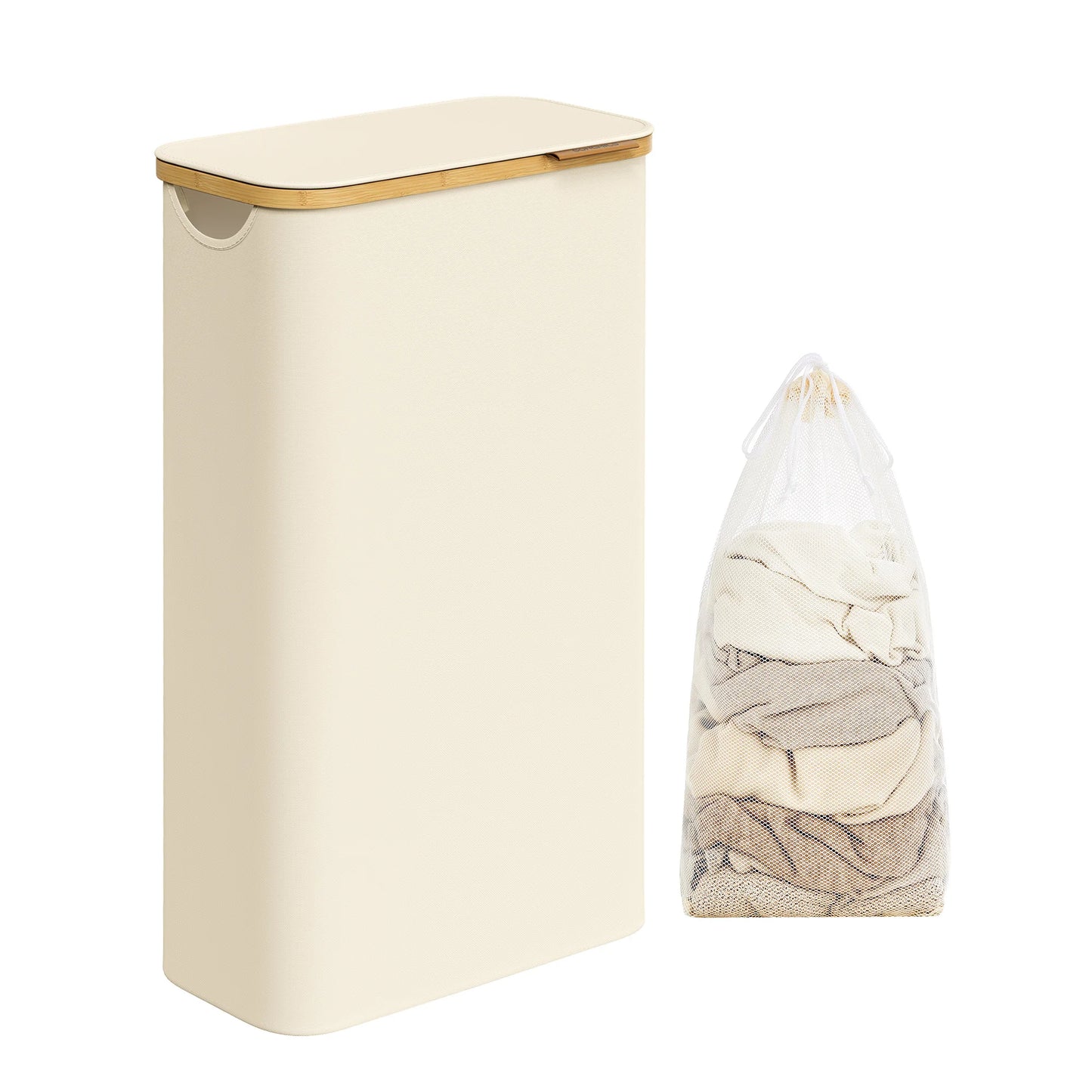 Panier à linge fin 65L avec couvercle – Gain de place, doublure amovible en maille, tissu Oxford et poignées en bambou