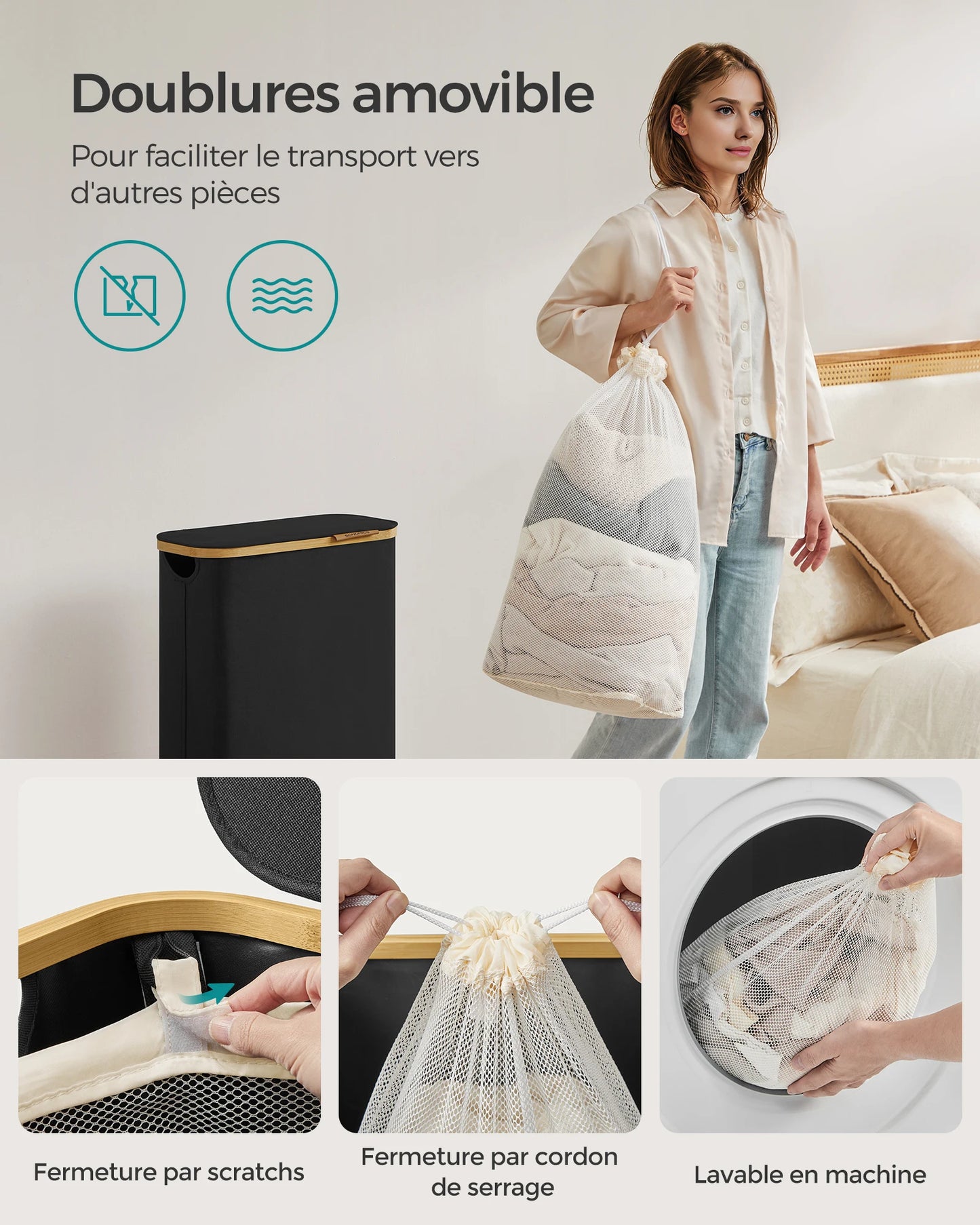 Panier à linge fin 65L avec couvercle – Gain de place, doublure amovible en maille, tissu Oxford et poignées en bambou