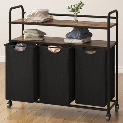 Panier à linge 3 compartiments 138L avec étagères – Organisateur de linge extensible