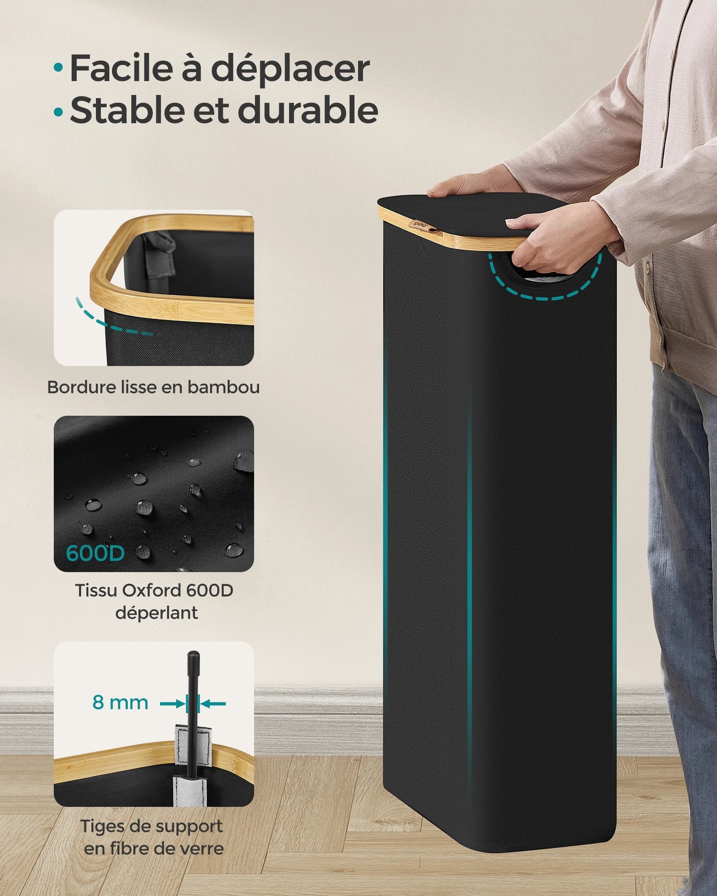 Panier à linge fin 65L avec couvercle – Gain de place, doublure amovible en maille, tissu Oxford et poignées en bambou