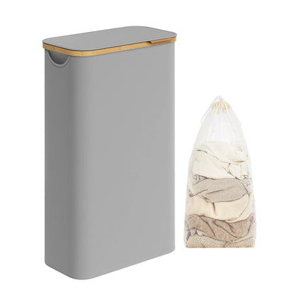 Panier à linge fin 65L avec couvercle – Gain de place, doublure amovible en maille, tissu Oxford et poignées en bambou