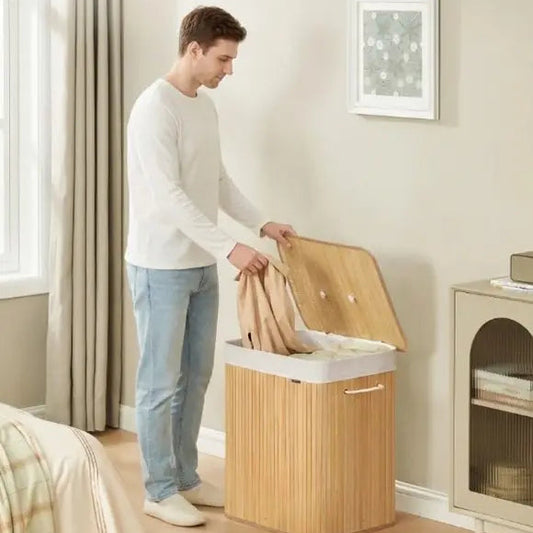 Panier à linge sale en bambou 120 L – 2 compartiments, pliable, avec sac amovible lavable en machine et poignées (naturel)